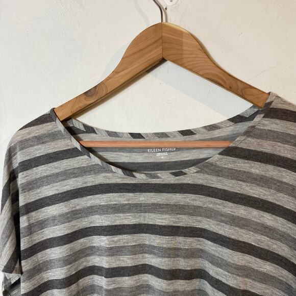 Eileen Fisher SZ M Gray Striped Micromodal Boxy Cap Sleeve Minimalist Top Casual - Picture 2 of 7